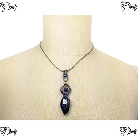 Handblown Lampwork Blue Goddess Pendant Choker Necklace & Earrings Brown Leather - Picture 3 of 4